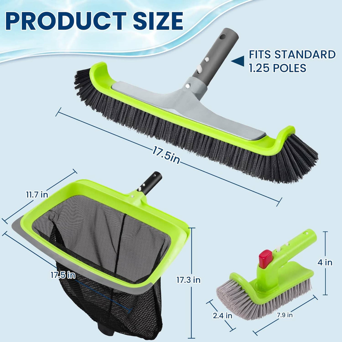 Green pool brush head with gray bristles and gray pole connector for standard poles