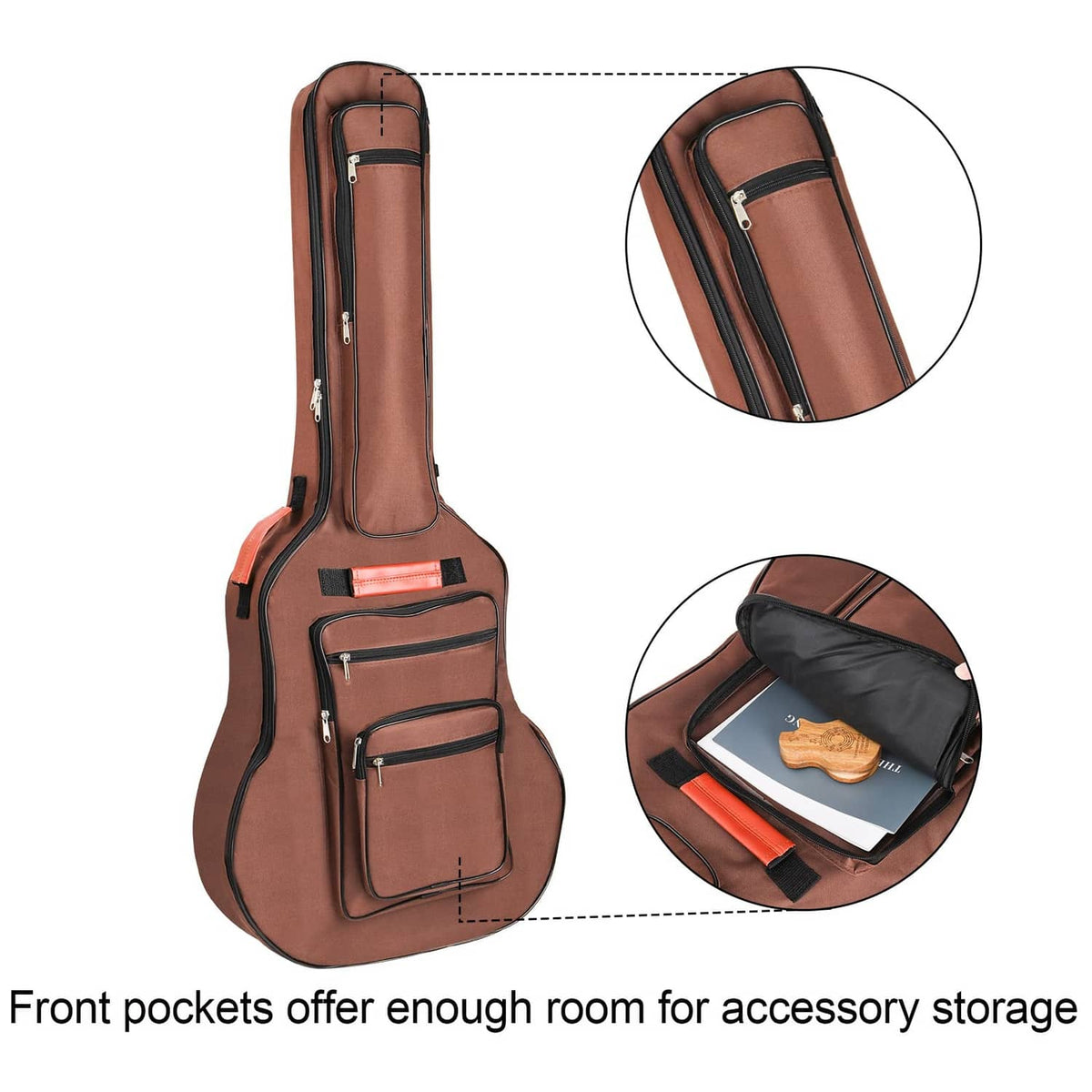 Brown acoustic guitar bag with front pockets and large padded handle for easy carry.
