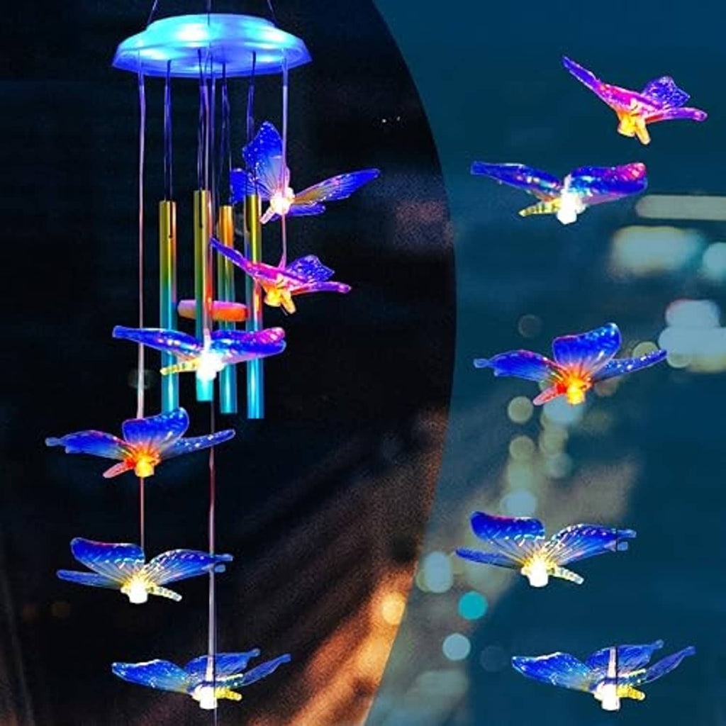 Glowing blue butterfly solar wind chime with round light top and hanging tubes