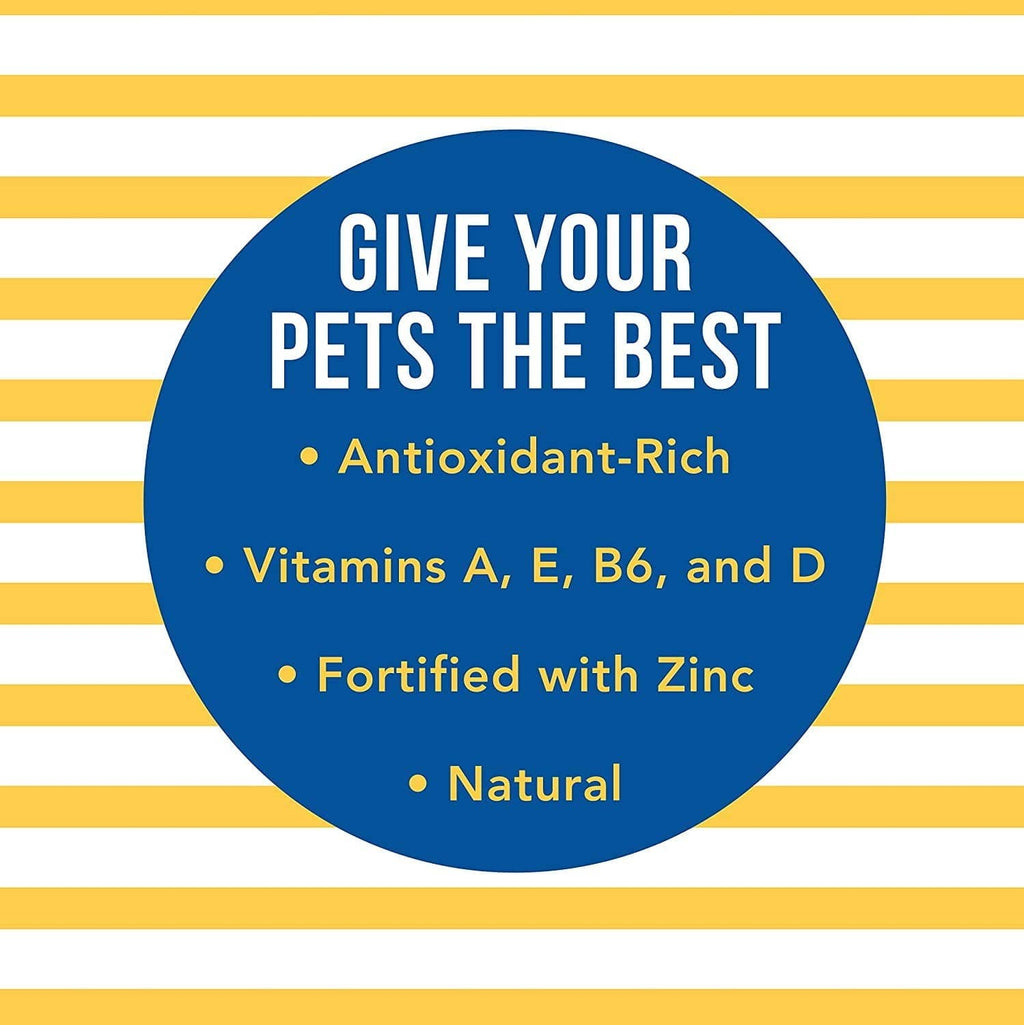 Pet supplement badge graphic: antioxidant-rich vitamins A, E, B6, D; fortified with zinc