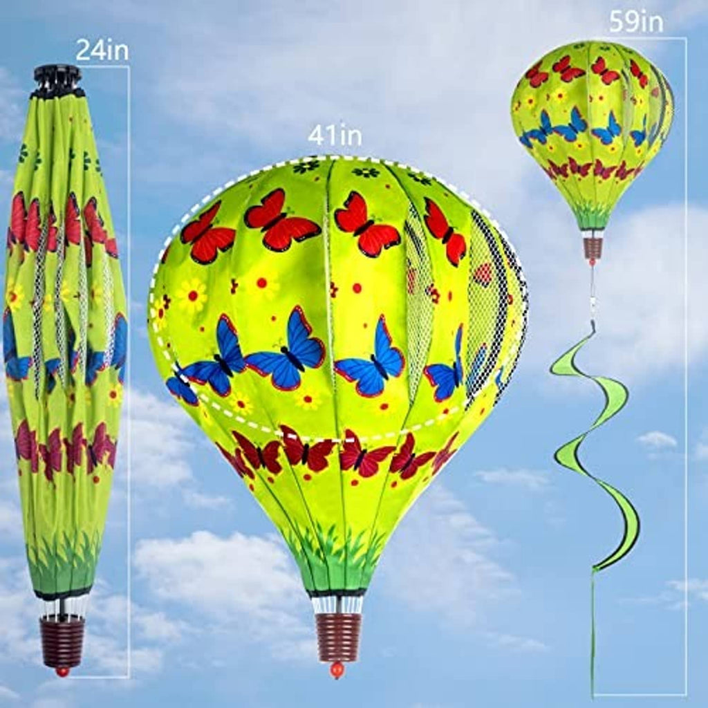 Green butterfly hot air balloon garden wind spinner with hanging tail, with size indicators