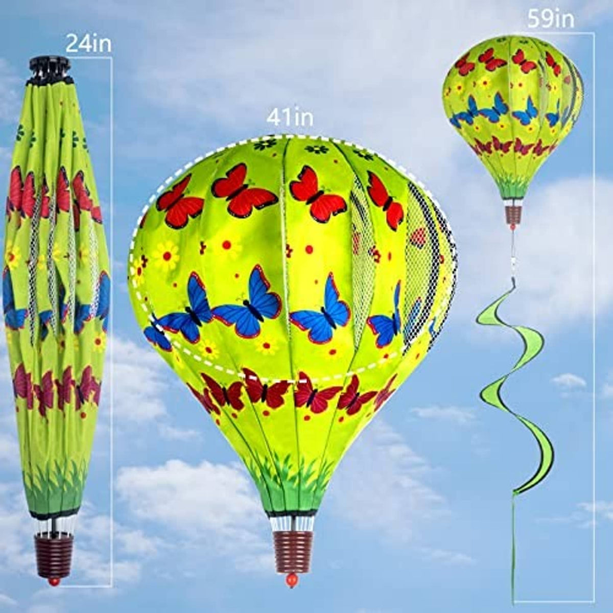Green butterfly hot air balloon garden wind spinner with hanging tail, with size indicators