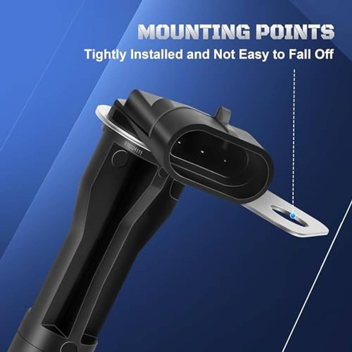 Black camshaft position sensor with metal mounting bracket and curved plug