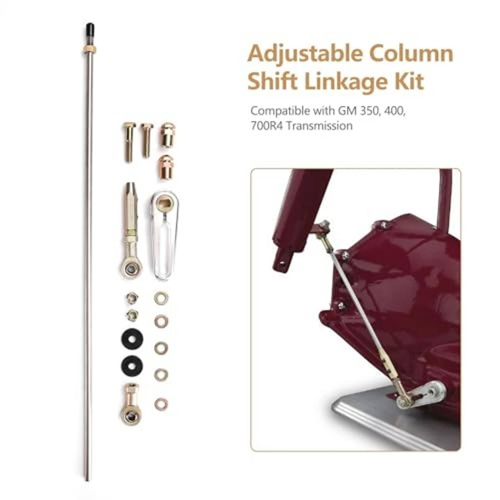 Adjustable column shift linkage kit with tall rod and assorted bolts, clips, and washers