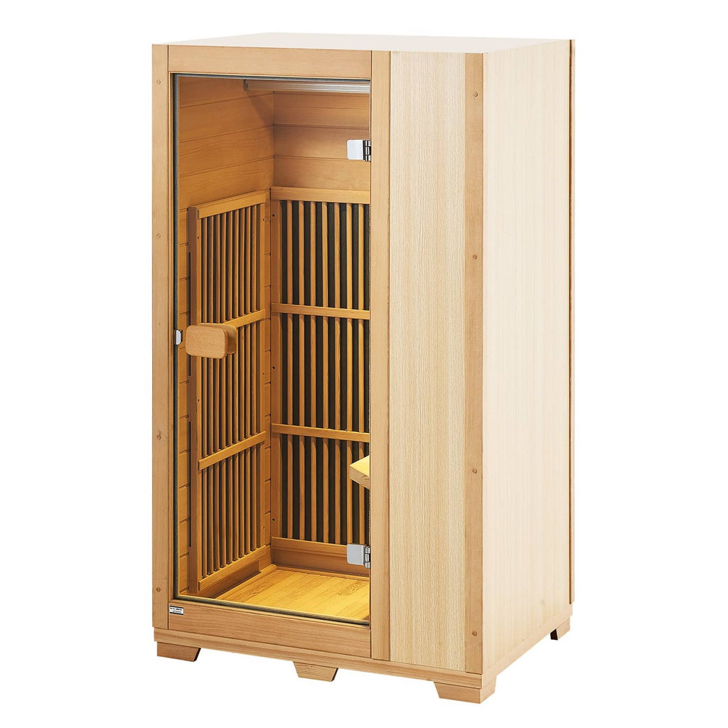 1-person wooden infrared sauna, open door with wooden bench and slat heater panels