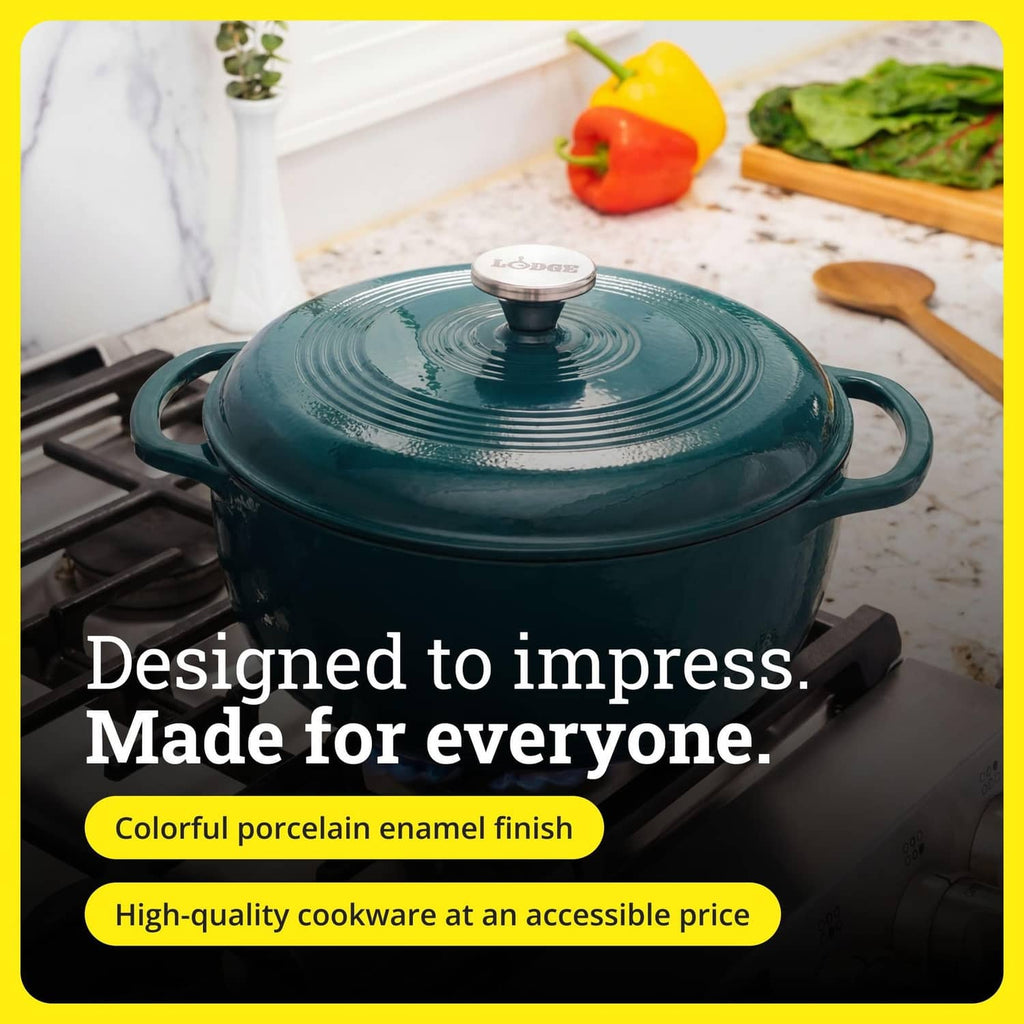 Teal enamel cast iron Dutch oven with domed lid on a stovetop
