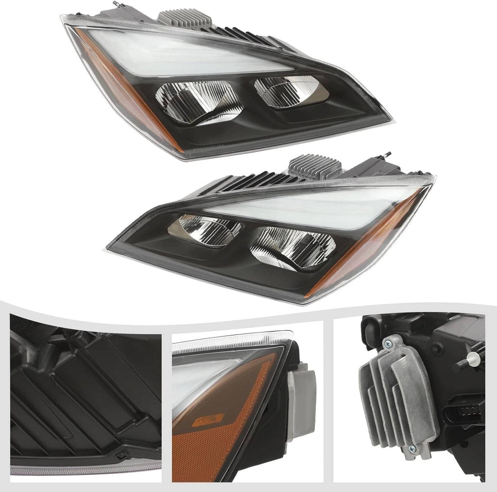 LED headlight pair with clear lens and black housing, showing projector bulbs and amber trim.