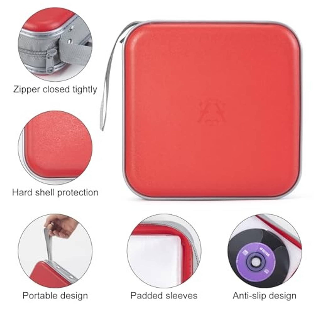 Red hard-shell CD/DVD zipper disc wallet, compact rectangular shape