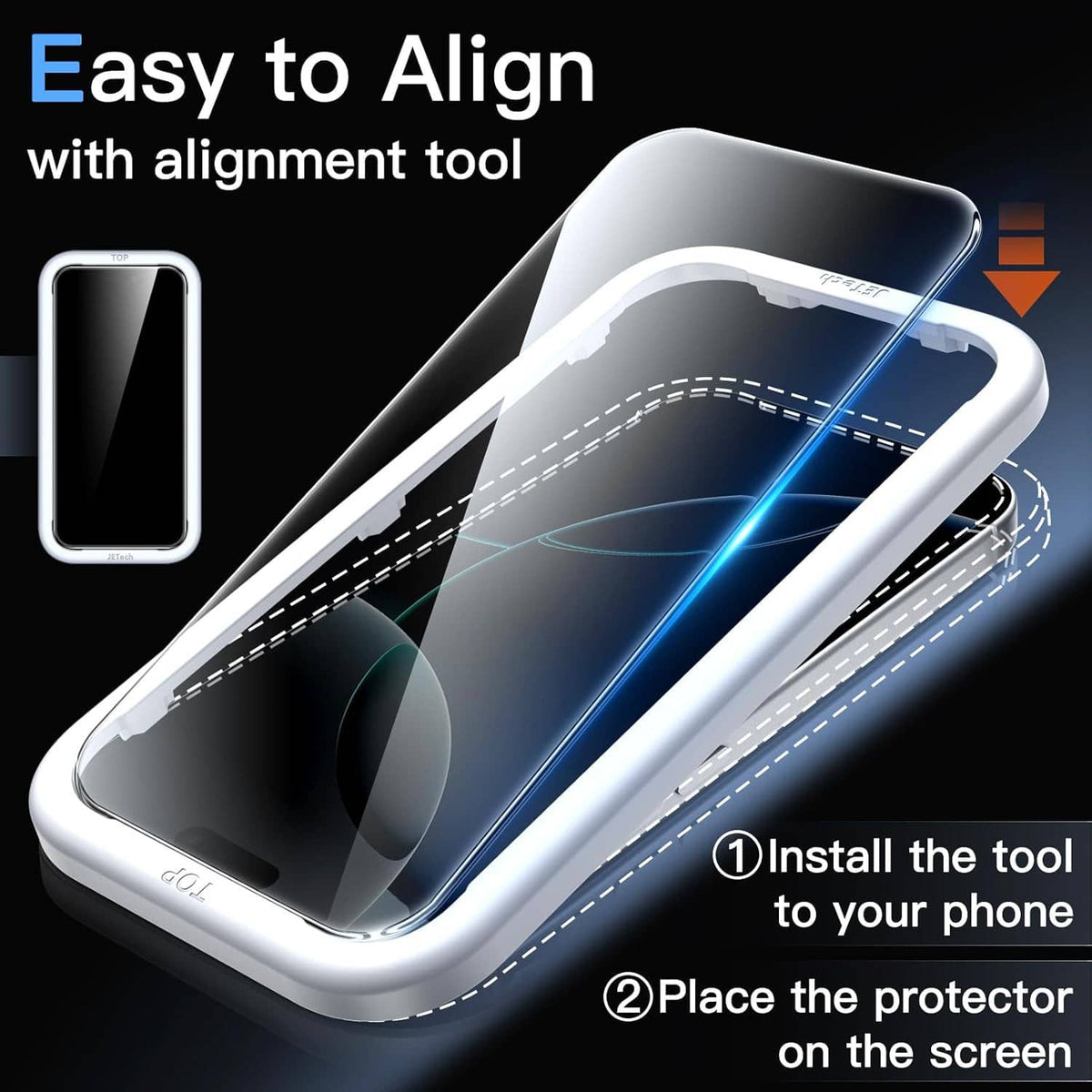 Clear tempered glass screen protector film, easy-align installation tool shown nearby