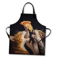 Black polyester kitchen apron with cat-and-dog graphic, front pocket and neck loop