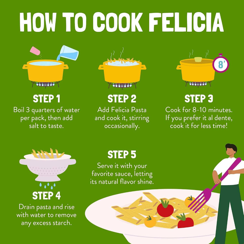 Felicia Oat Penne how-to-cook steps graphic with boiling pot and serving icon