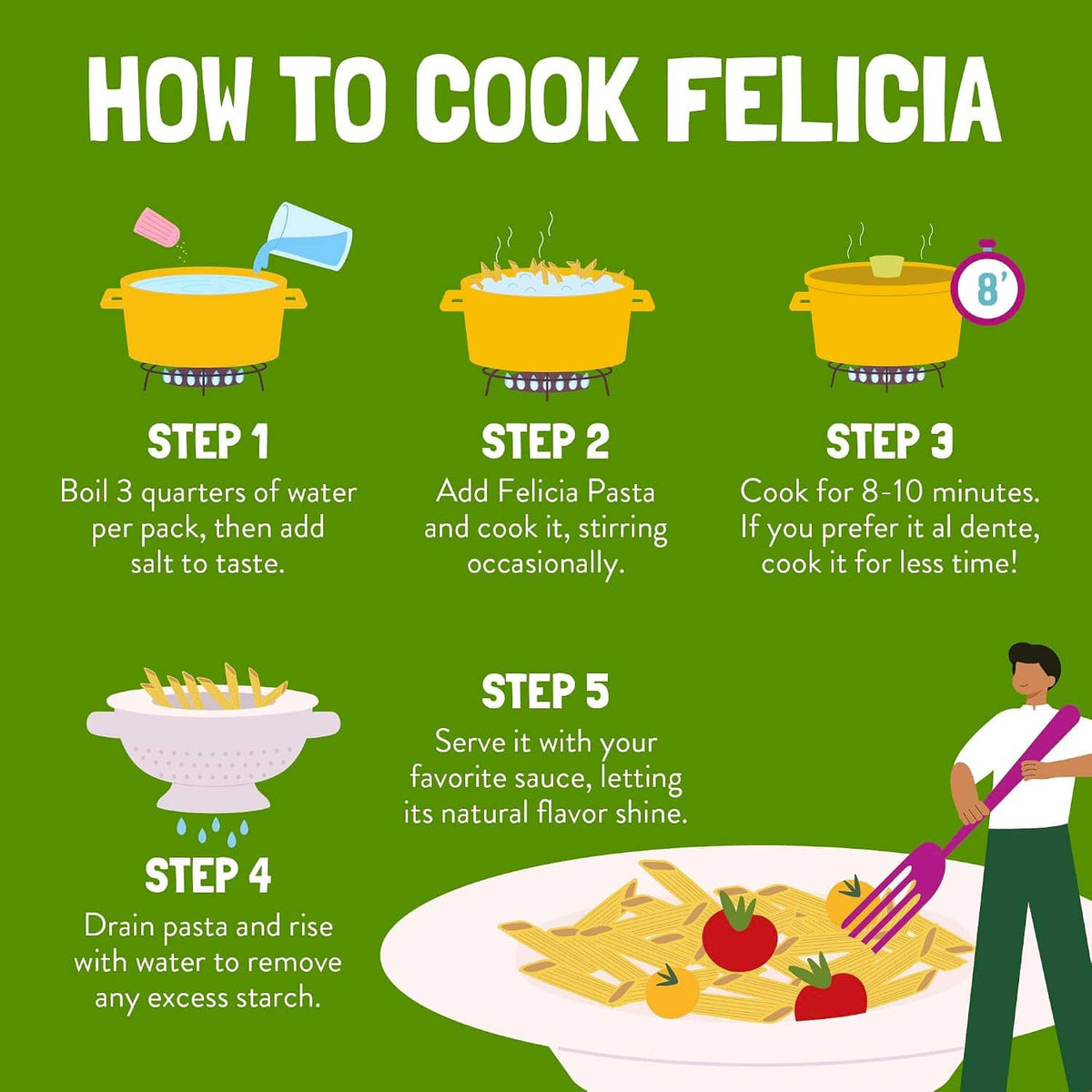 Felicia Oat Penne how-to-cook steps graphic with boiling pot and serving icon