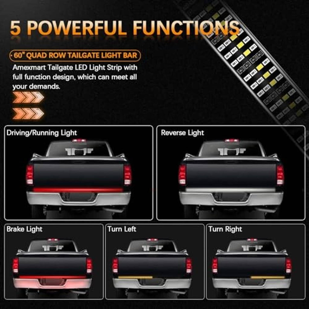 Quad-row LED tailgate light bar displaying multiple functions on pickup rear
