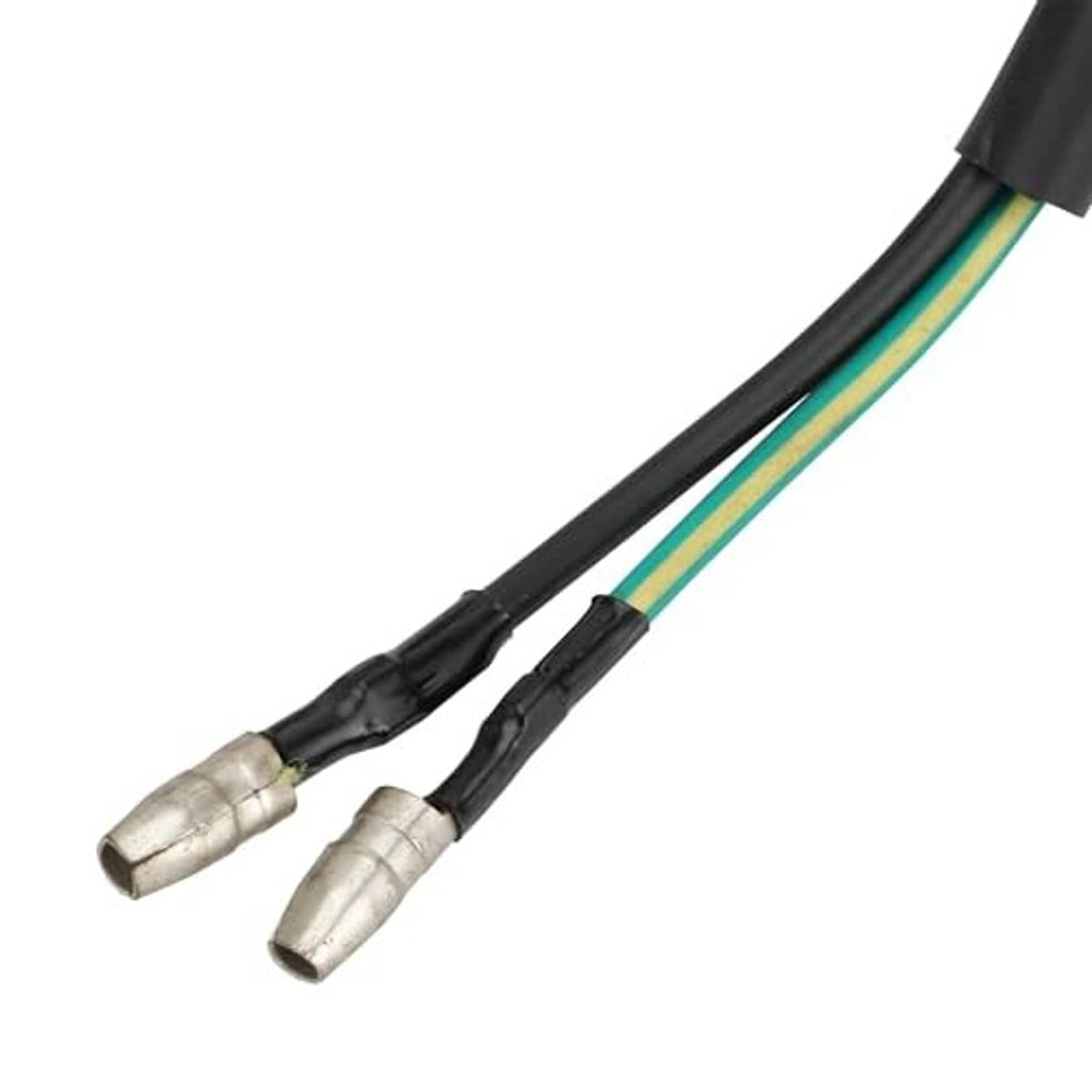 Electrical connector ends on black wire leads with green and yellow stripe trim.