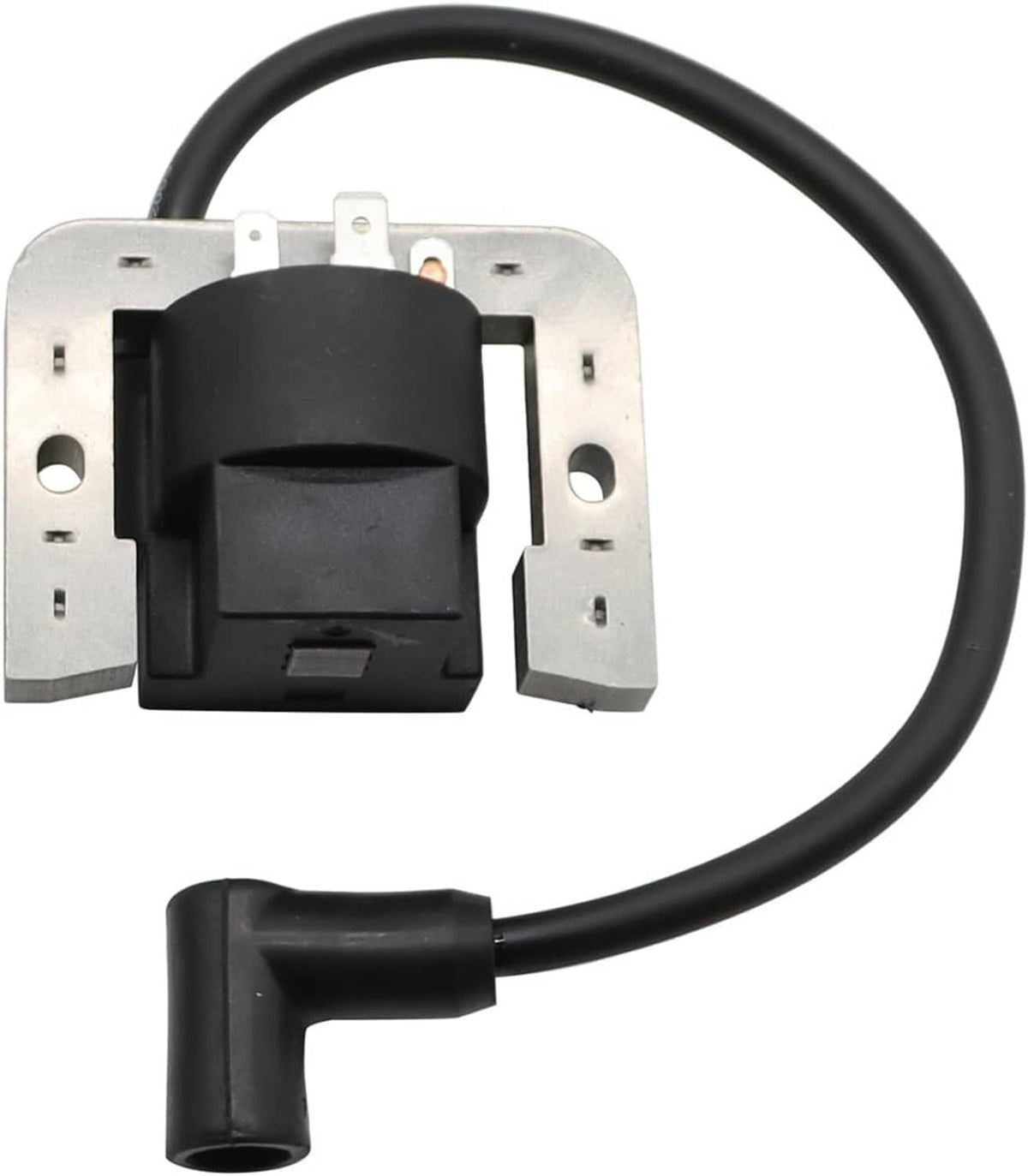 Ignition coil with black module, gray mounting bracket, and black wire with rubber boot