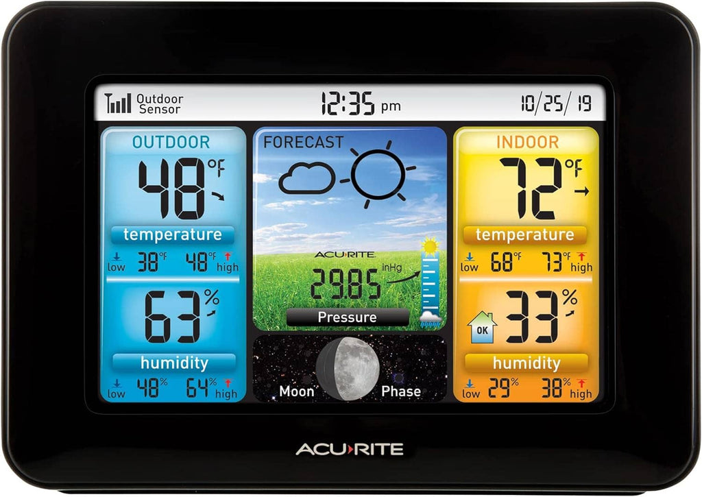 Wireless home weather station front view with large color screen for outdoor and indoor readings