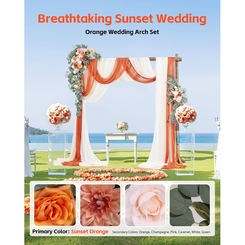 Orange wedding arch drapes with corner flower garlands and hanging fabric swags
