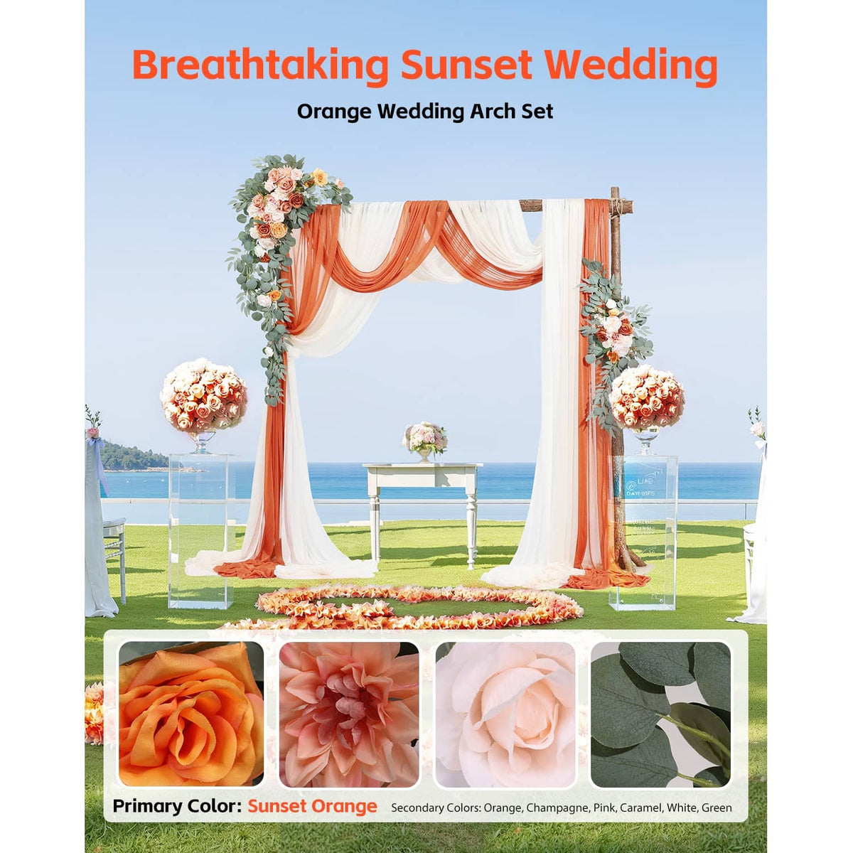 Orange wedding arch drapes with corner flower garlands and hanging fabric swags