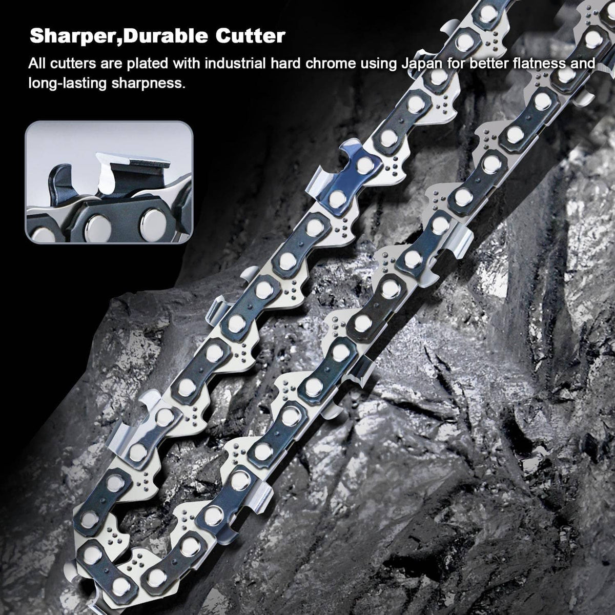 Close-up replacement saw chain links with chrome cutters and blue rivet points