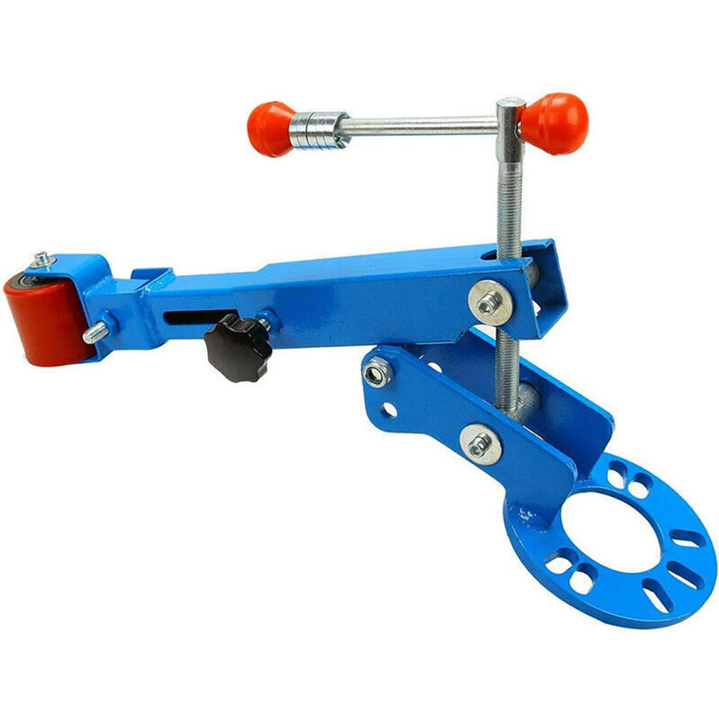 Blue wheel arch roller tool with adjustable screw and red hand knobs