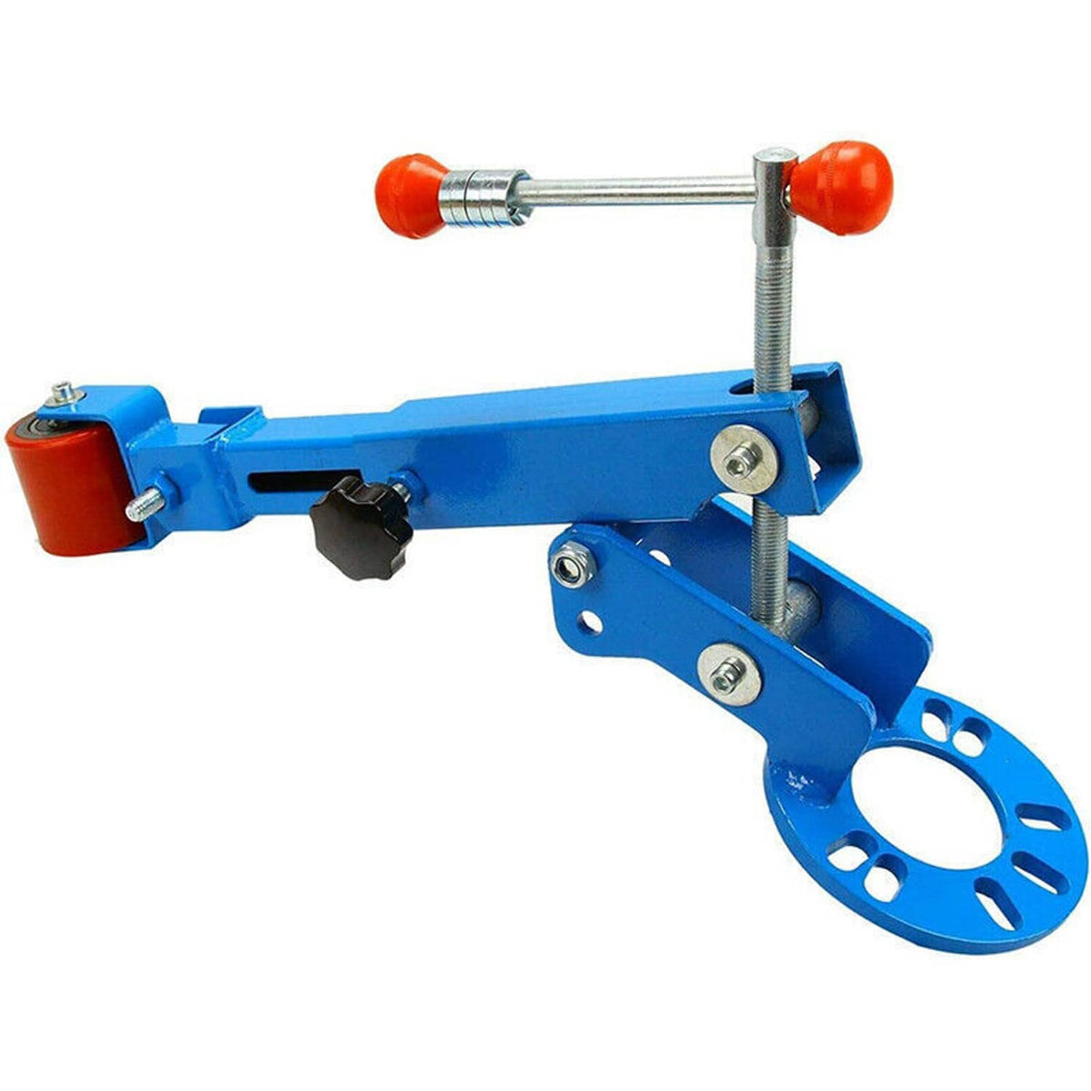 Blue wheel arch roller tool with adjustable screw and red hand knobs
