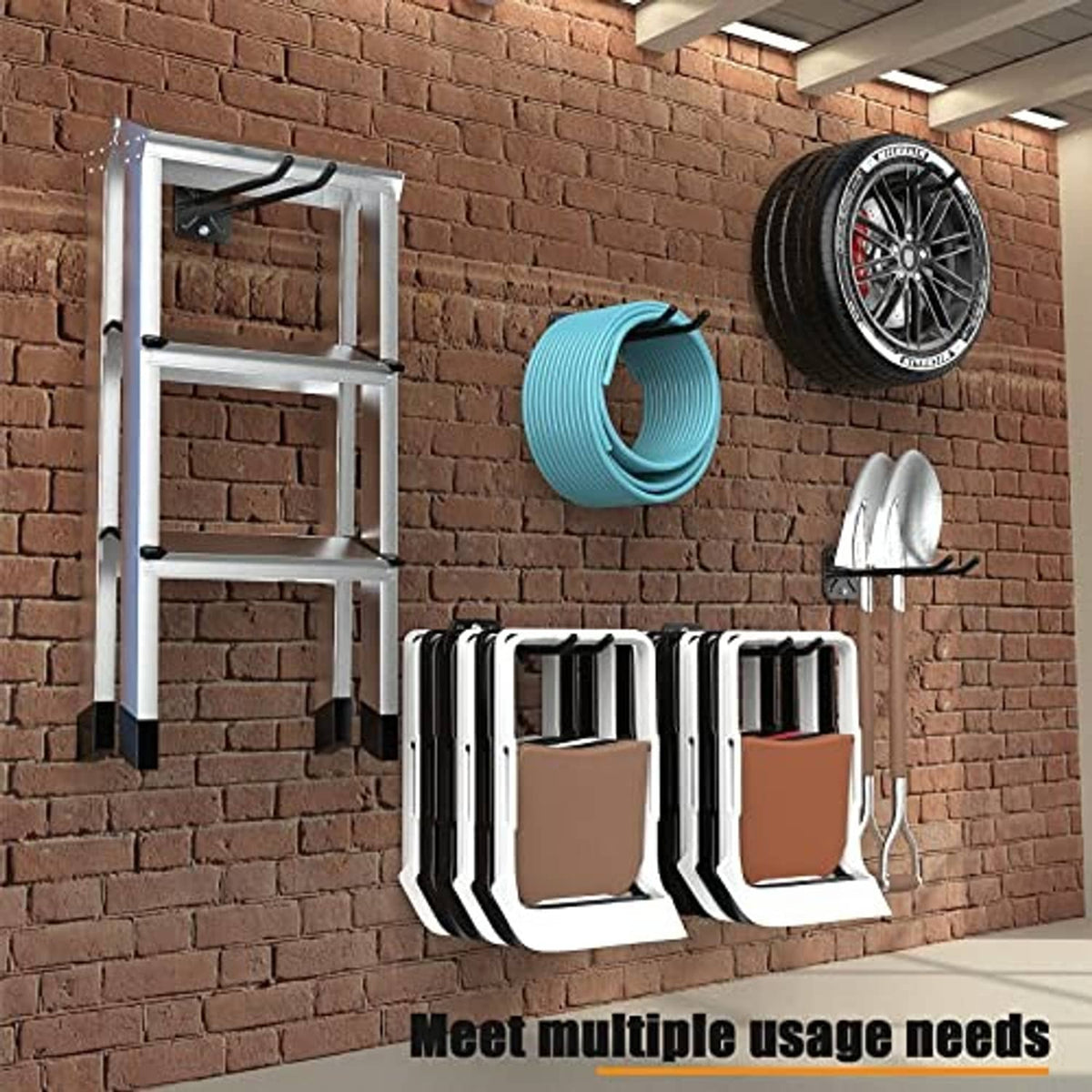 Wall-mounted garage hook rack with black arms holding brown items