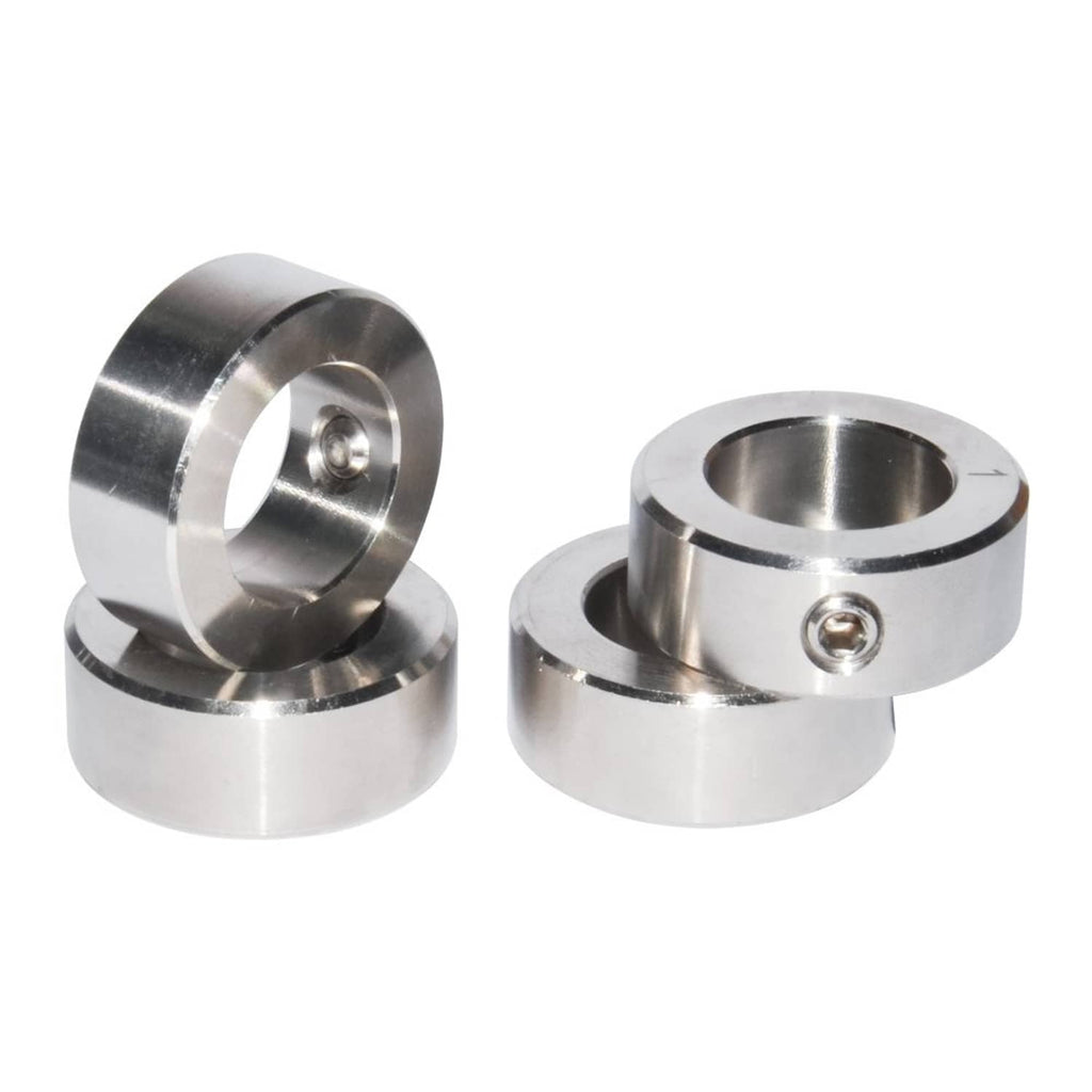 Pair of stainless steel shaft collars with central bores and visible set screw