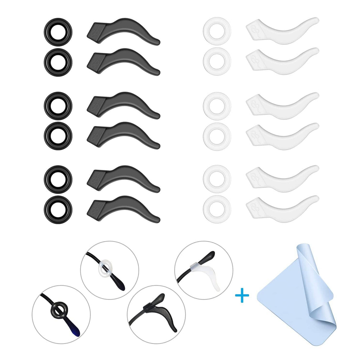 12-piece silicone eyeglass ear grips and hooks, black and white set