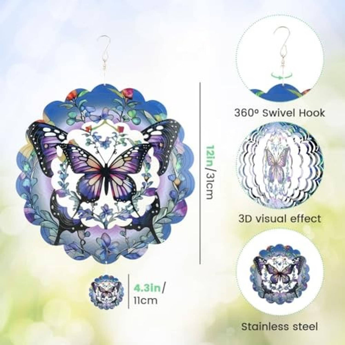 Butterfly wind spinner with 3D reflective swirl look and hanging swivel hook for motion