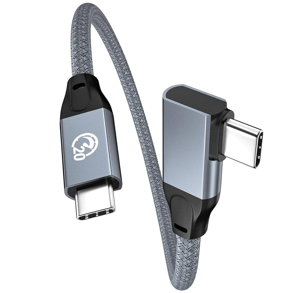 Short dark gray braided USB-C to USB-C cable, right-angle plug on one end