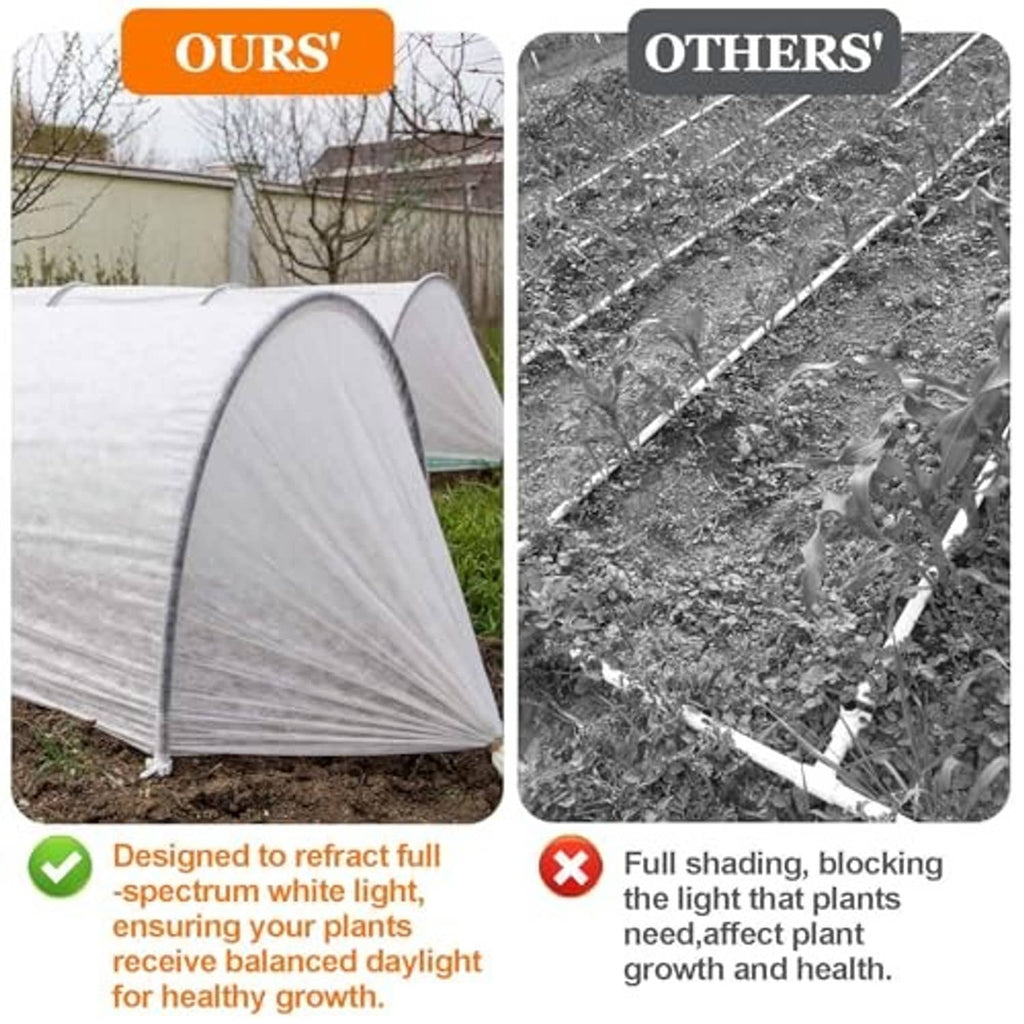 White garden shade cloth hoop tent over plants, with netted coverage look.