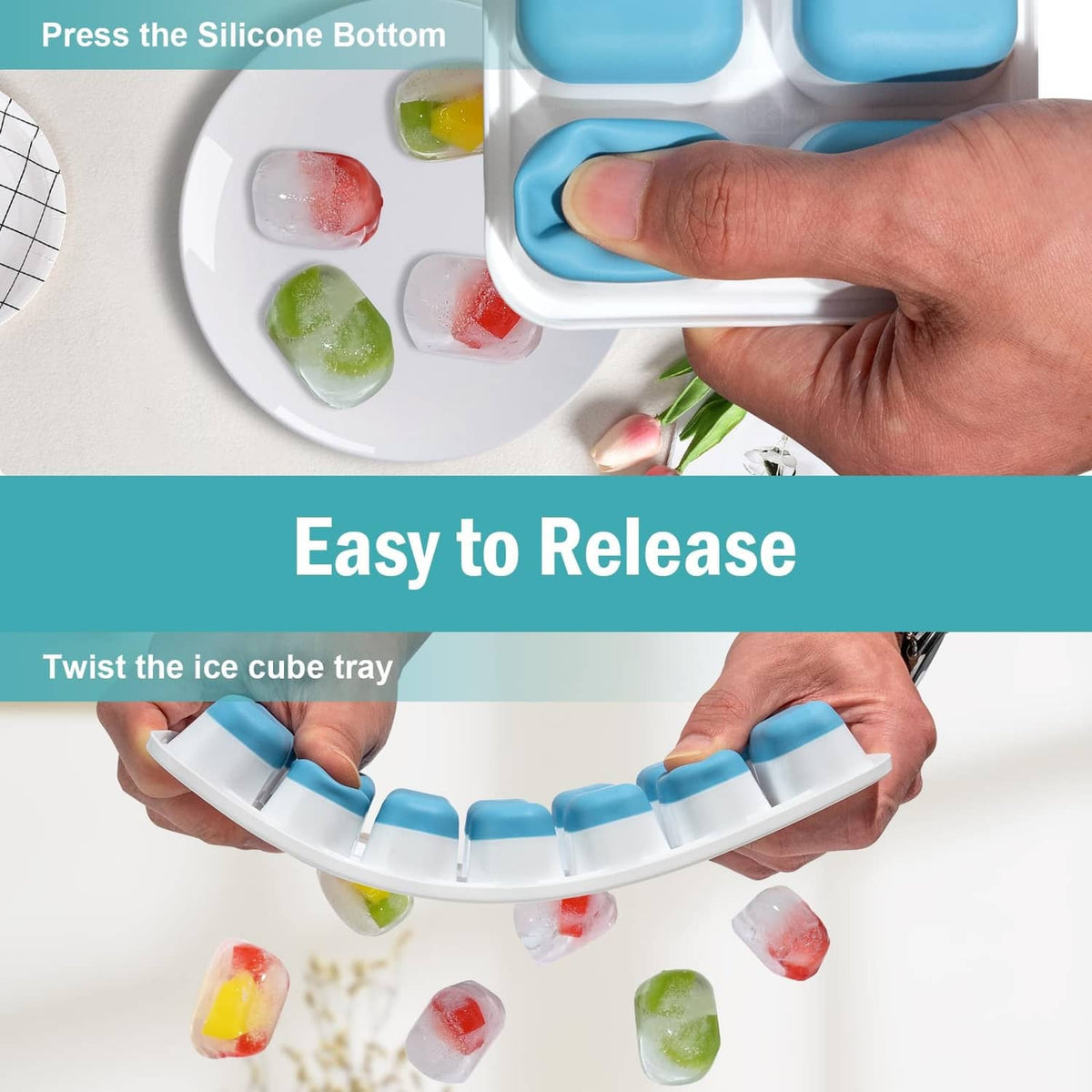 Ice cube tray with blue silicone bottom, hand pressing to release cubes