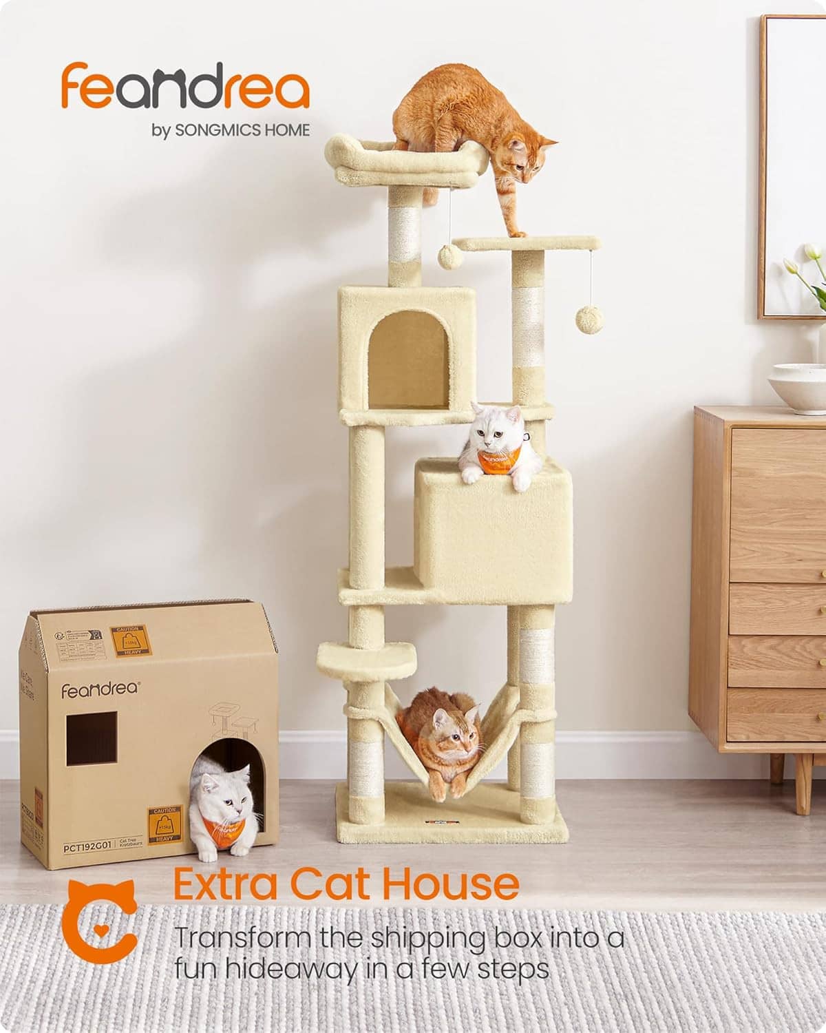 Beige plush cat tower with multiple levels, scratching posts, and hanging toy balls
