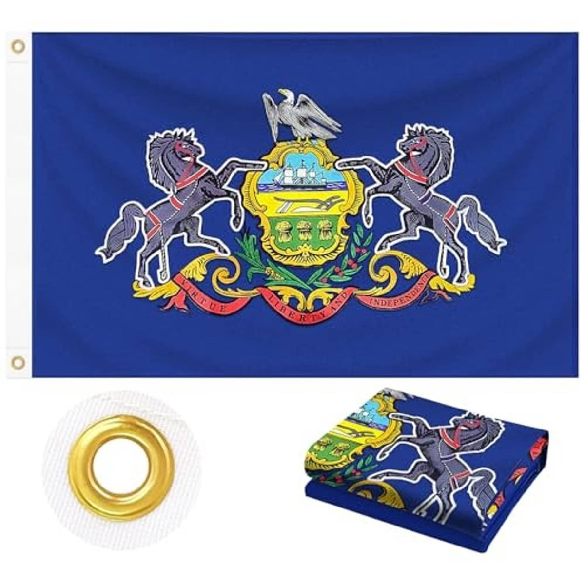 Blue embroidered Pennsylvania state flag with coat of arms and two horses, brass grommets