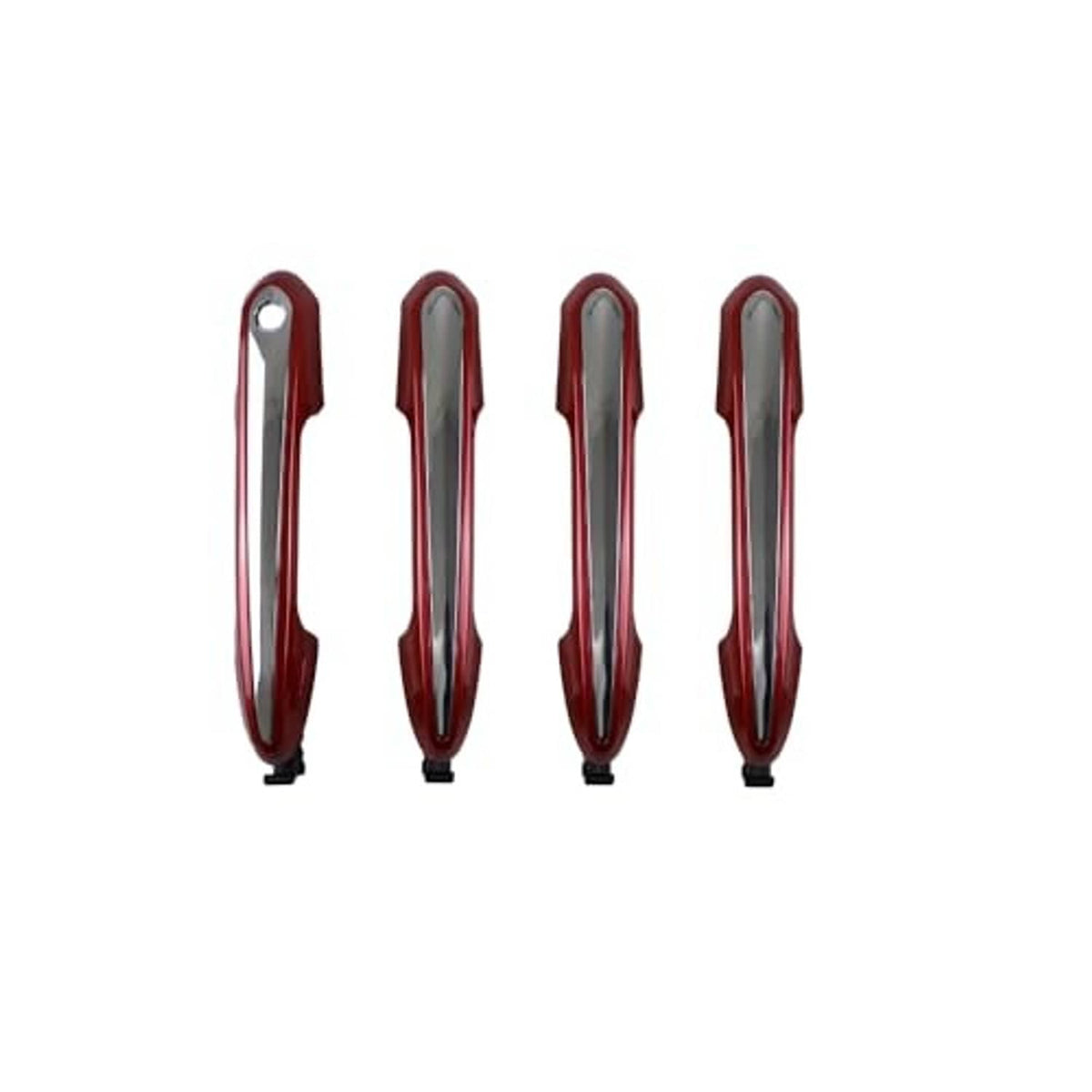 Set of four red exterior door handle outers with silver trim and black mounting feet