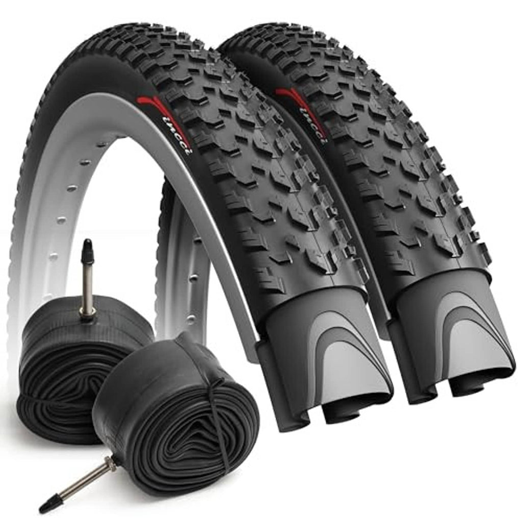 Pair of black mountain bike tires with folded inner tubes and visible Presta valves