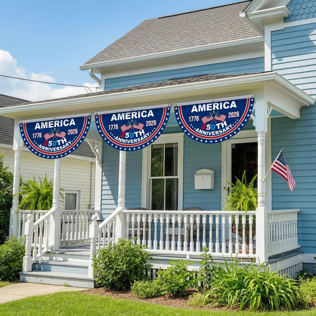 USA 250th anniversary flag bunting stretched across front porch, two blue banners