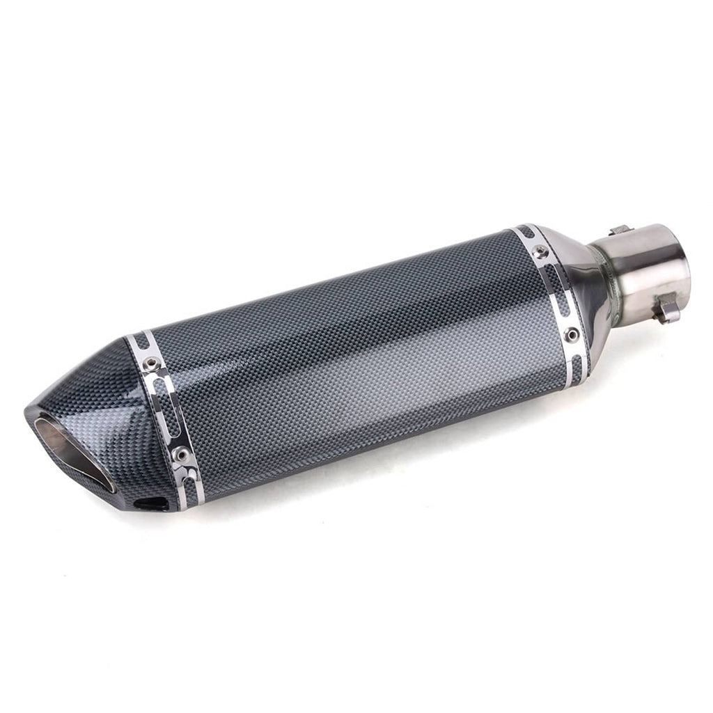 Carbon-fiber style exhaust muffler with angled outlet and stainless mounting collar