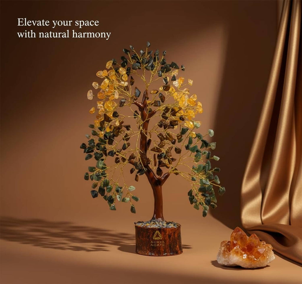 Wire crystal tree with amber and green stones, with crystal cluster and wood base