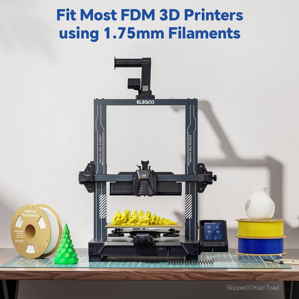 PLA filament compatibility shown with desktop 3D printer and small printed test parts