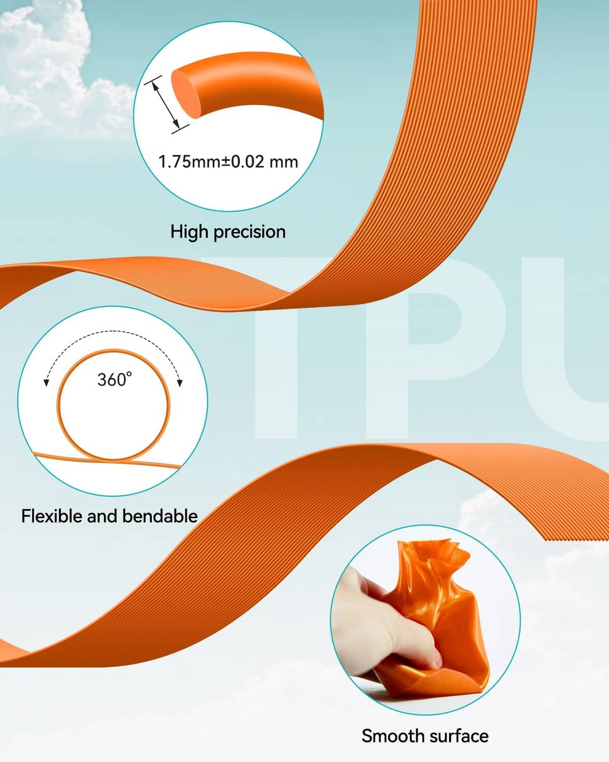 Orange TPU filament forming flexible curves and a smooth surface