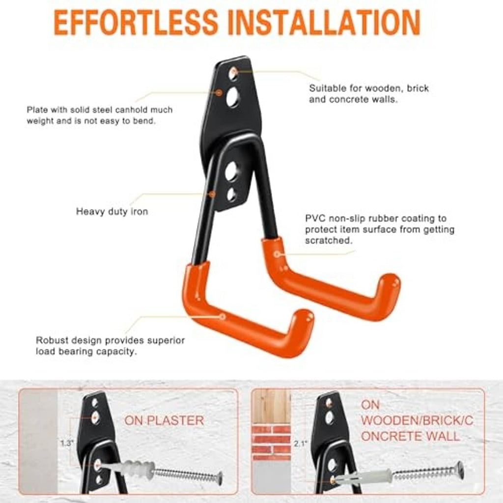 Single small U garage hook with black metal plate and orange rubber-coated arm