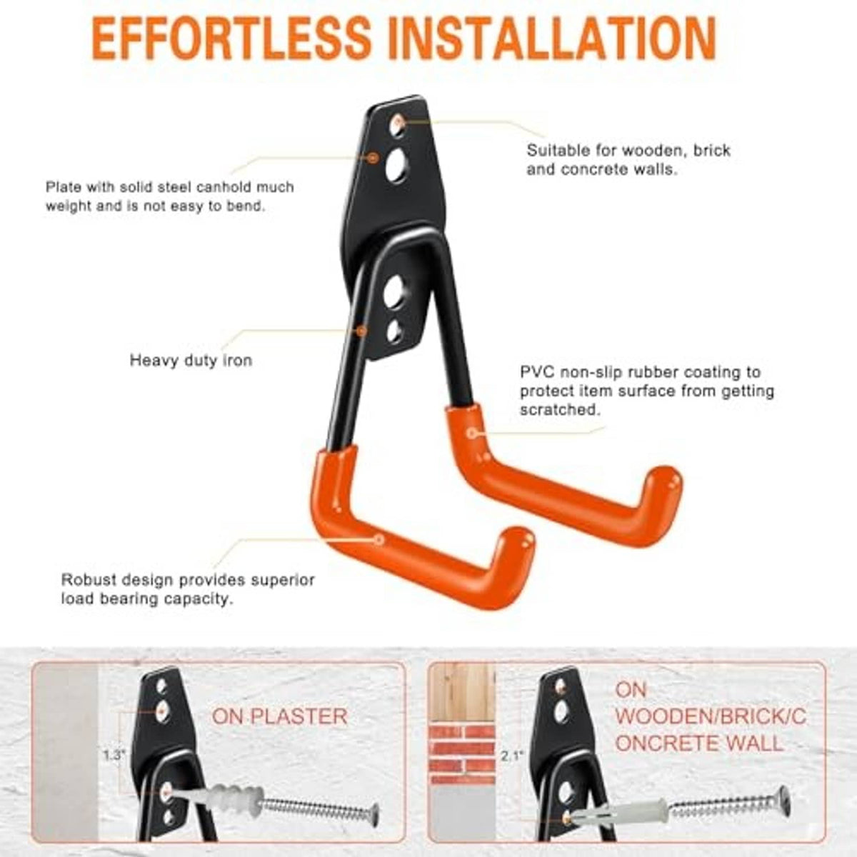 Single small U garage hook with black metal plate and orange rubber-coated arm
