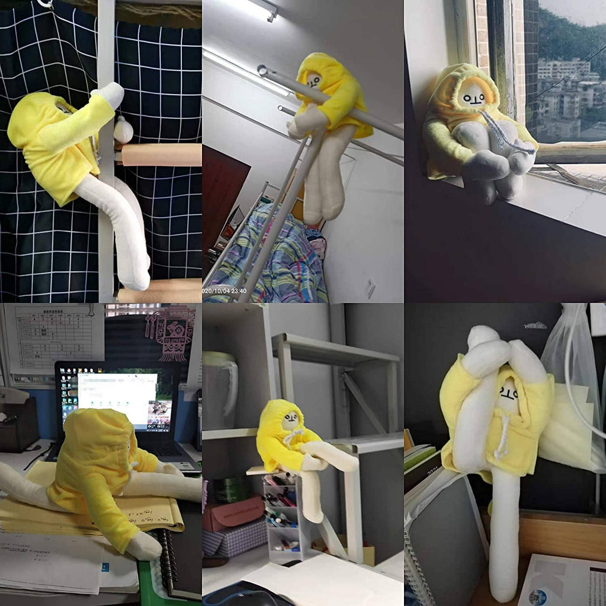 Yellow banana man plush wearing hooded outfit, posed on stairs and shelves