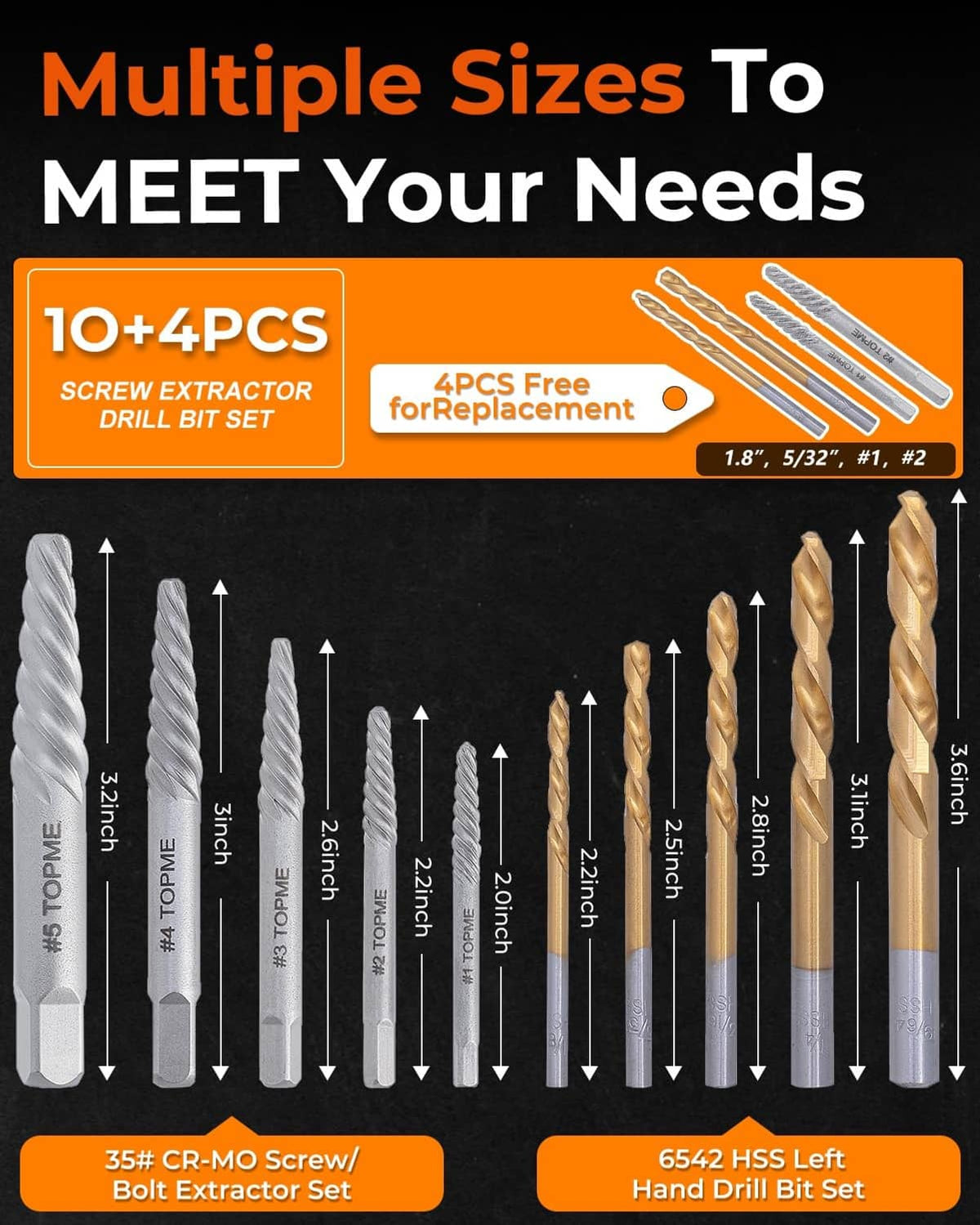 Multiple-size screw extractor drill bits, 14-piece set with measurement markings
