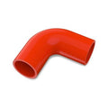 90° elbow silicone hose coupler, red-orange, ribbed 4-ply bend section.
