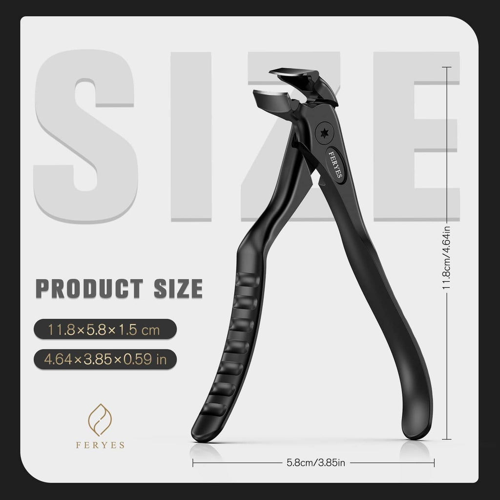 Black nail clippers with long handles; shown with product size dimensions