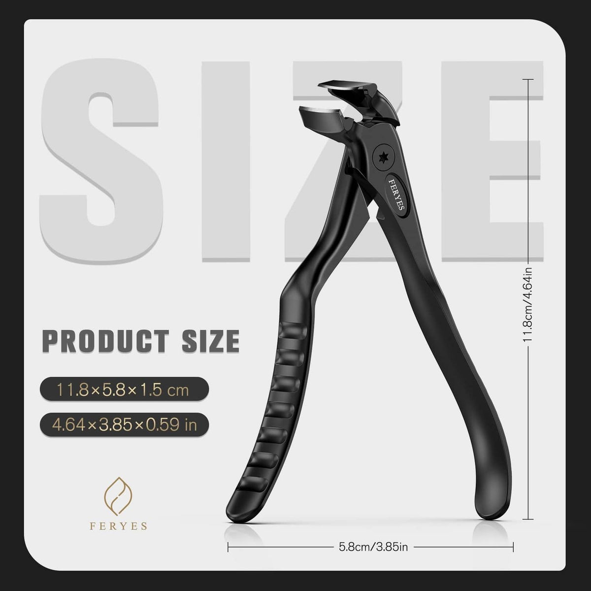 Black nail clippers with long handles; shown with product size dimensions