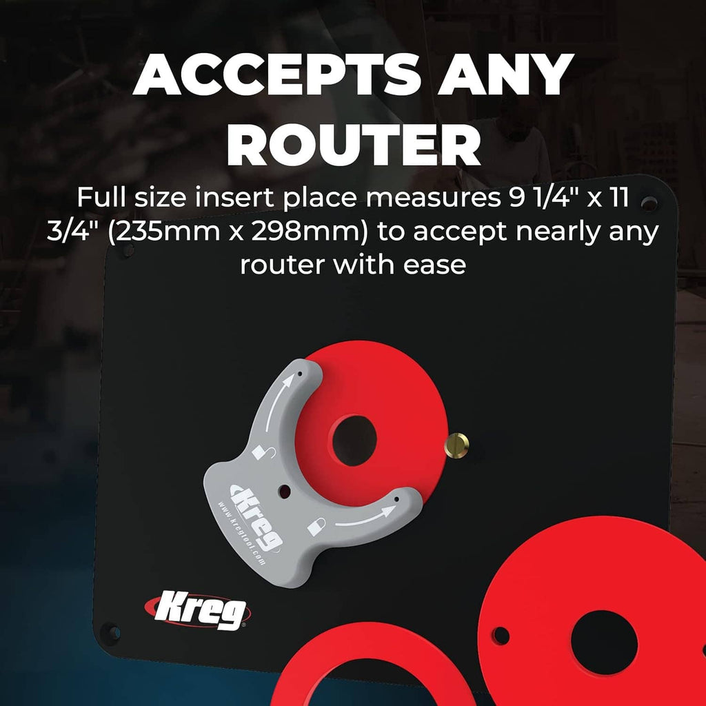 Router table insert plate with red ring inserts and gray router bit guide