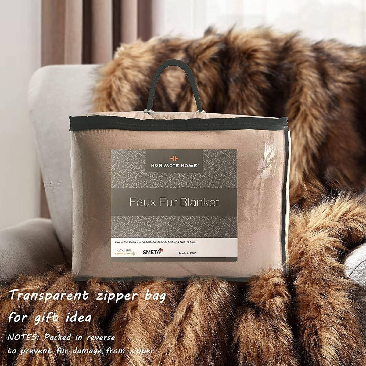 Faux fur blanket in transparent zipper bag, brown long pile with dark tips